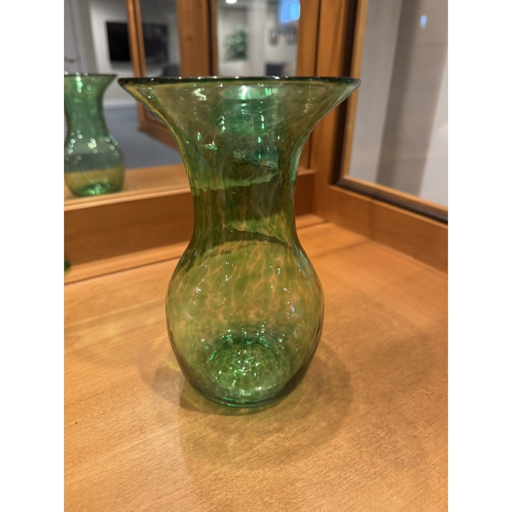 Vintage 1998 Wheaton Village Signed Art Glass Pitcher Vase Green Emerald Crackle